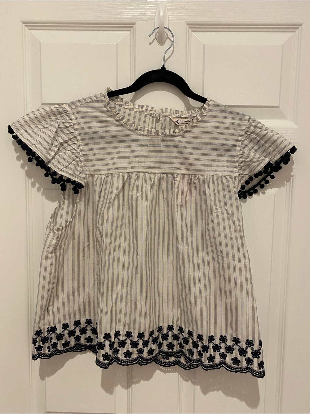 Black and White Striped Woman’s Blouse with Floral Trim preppy coastal